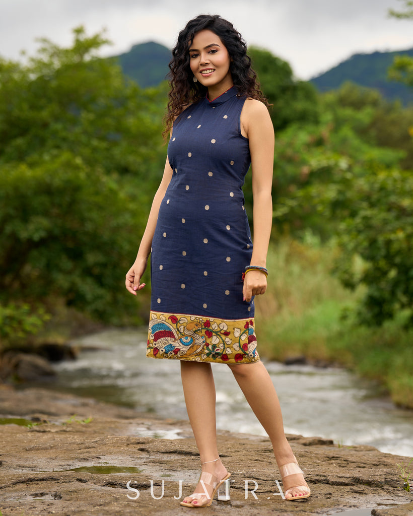 Jamdani design Blue Halter Dress with Hand-Painted Kalamkari Border - Kalamkari Jacket Additional