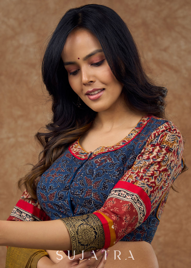 Timeless elegance : Blue Ajrakh blouse with intricate kalamkari , Ajrakh & brocade details - true masterpiece of traditional craftsmanship