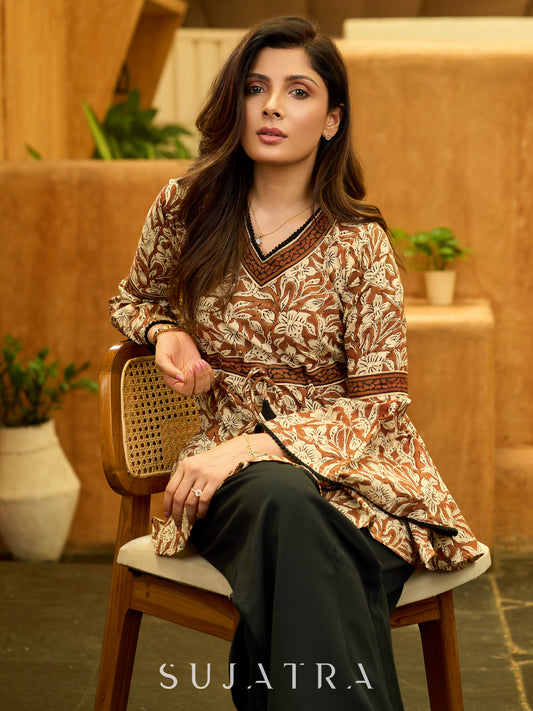 Earthy Floral Printed Mul Cotton Top with Flared Ruffle Sleeves and Tie-Up Waist