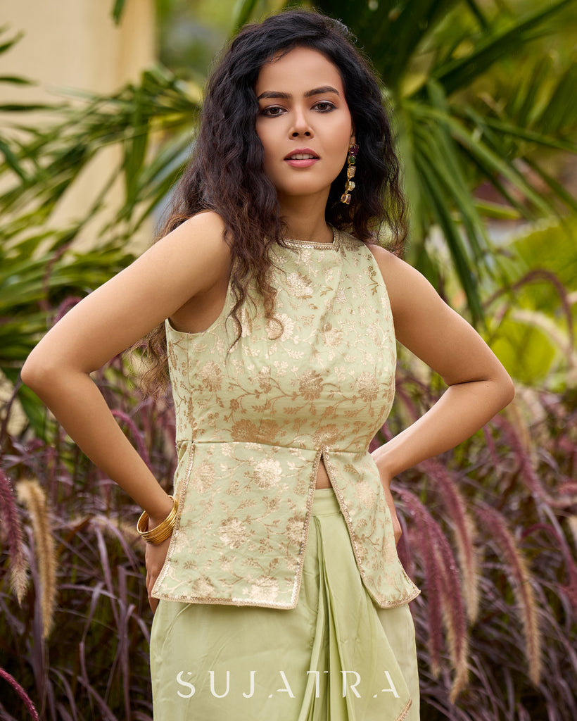 Pastel Green Festive Drape Skirt with Brocade Top