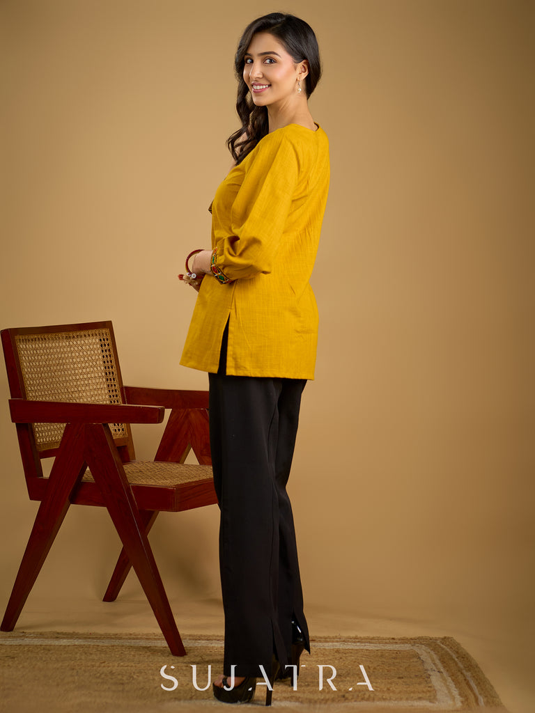Elegant handcrafted mirror work mustard cotton top.