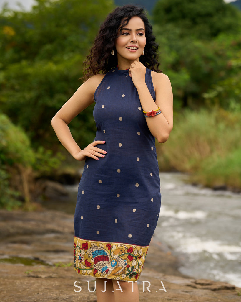 Jamdani design Blue Halter Dress with Hand-Painted Kalamkari Border - Kalamkari Jacket Additional