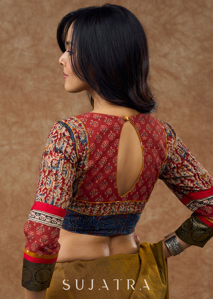 Timeless elegance : Blue Ajrakh blouse with intricate kalamkari , Ajrakh & brocade details - true masterpiece of traditional craftsmanship