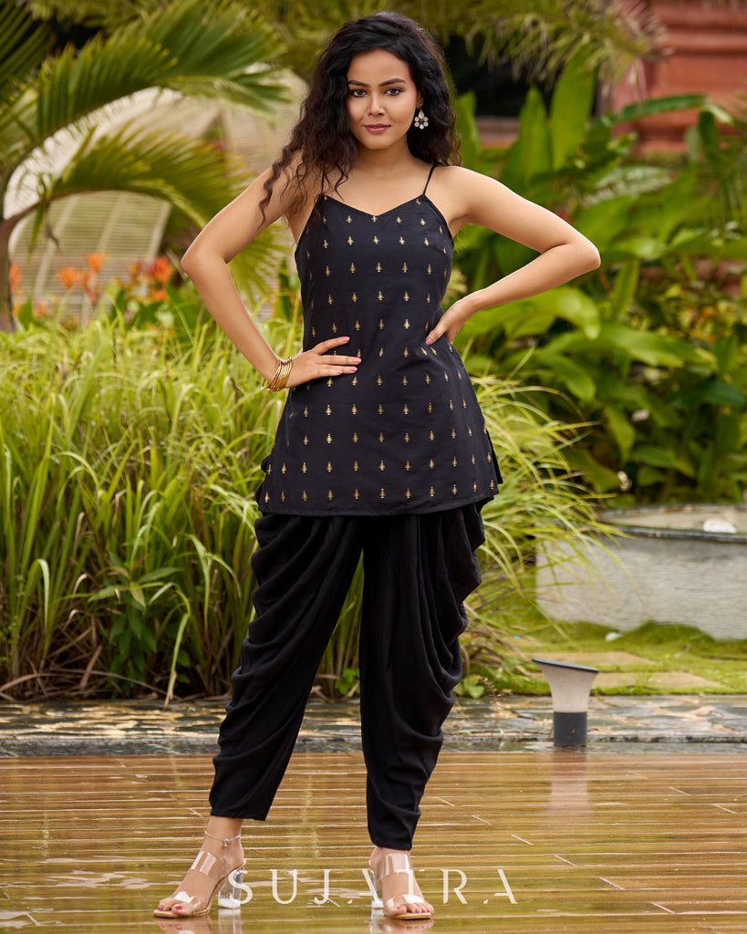 Graceful Black Silk Strappy Short Kurta Ensemble with Golden Butta - Dhoti pant Additional