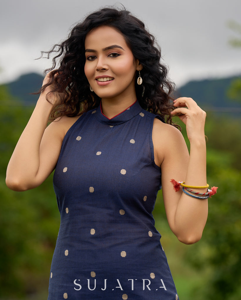 Jamdani design Blue Halter Dress with Hand-Painted Kalamkari Border - Kalamkari Jacket Additional