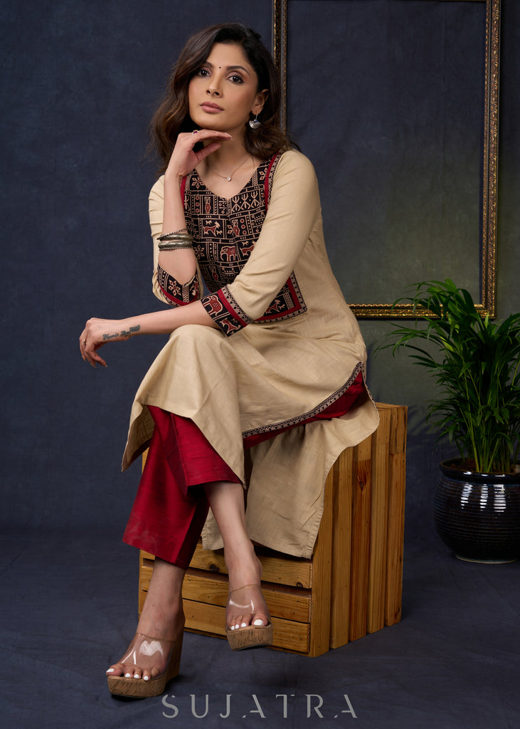 Elegant-Beige-Cotton-Straight-Cut-Ajrakh-Combination-Kurta--Pant-Optional