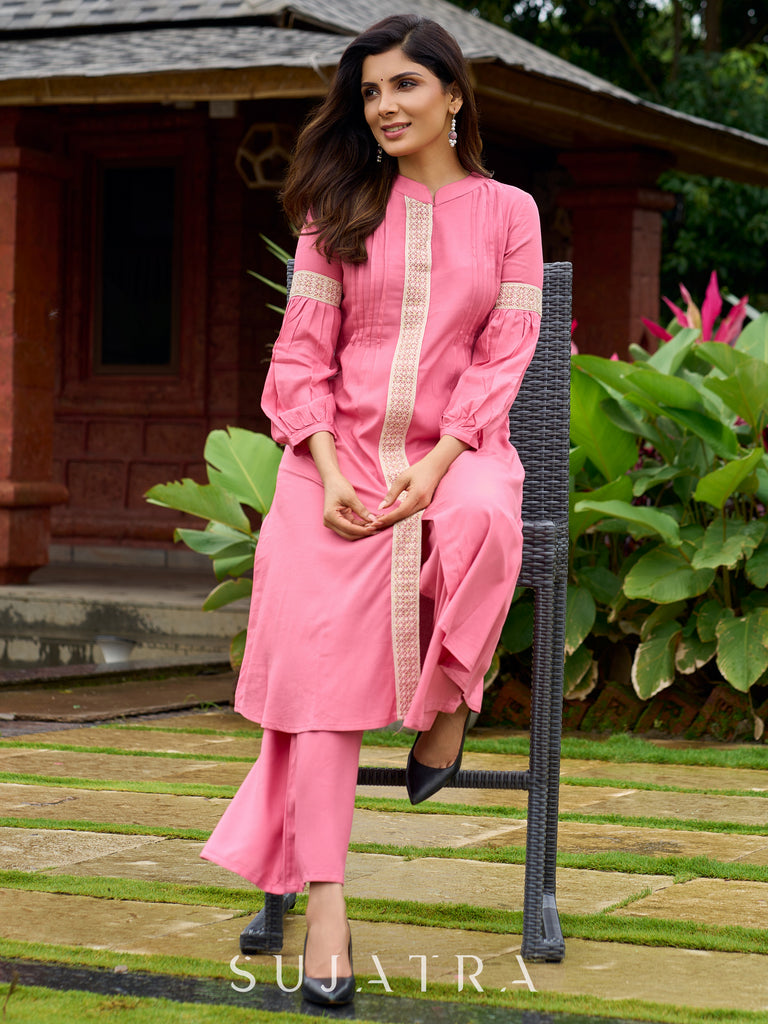 Elegant Baby pink rayon kurta delicately highlighted with lace detailing-pant optional