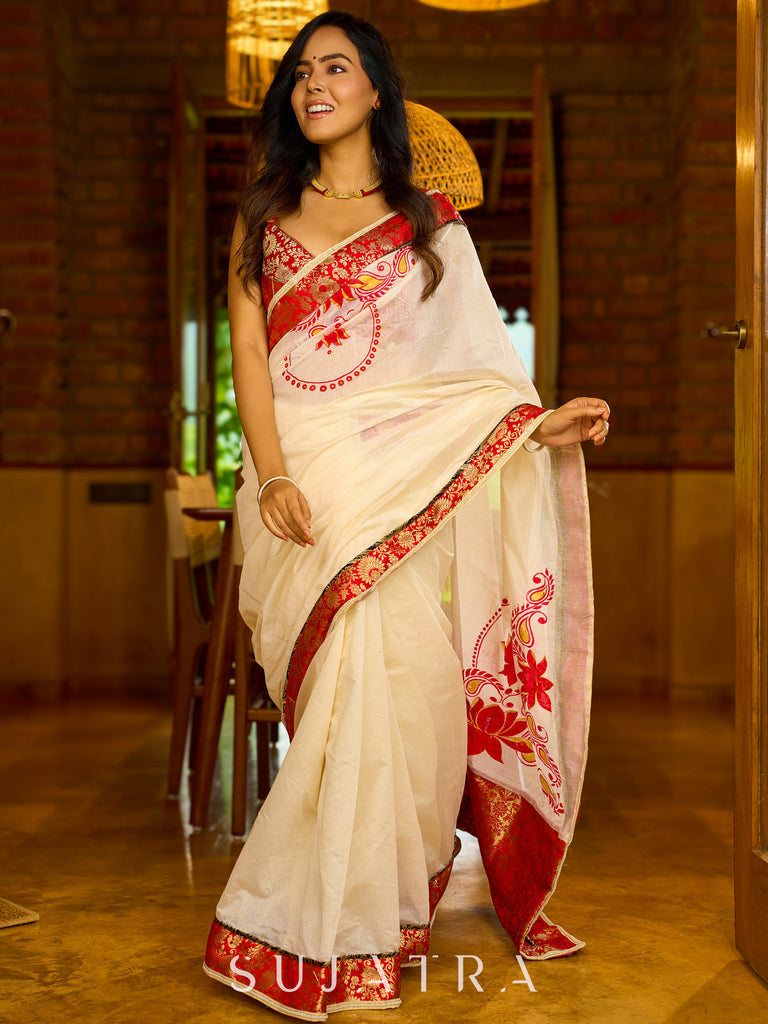 Heritage white Chanderi saree with benarasi border featuring artisanal hand-painted floral motifs