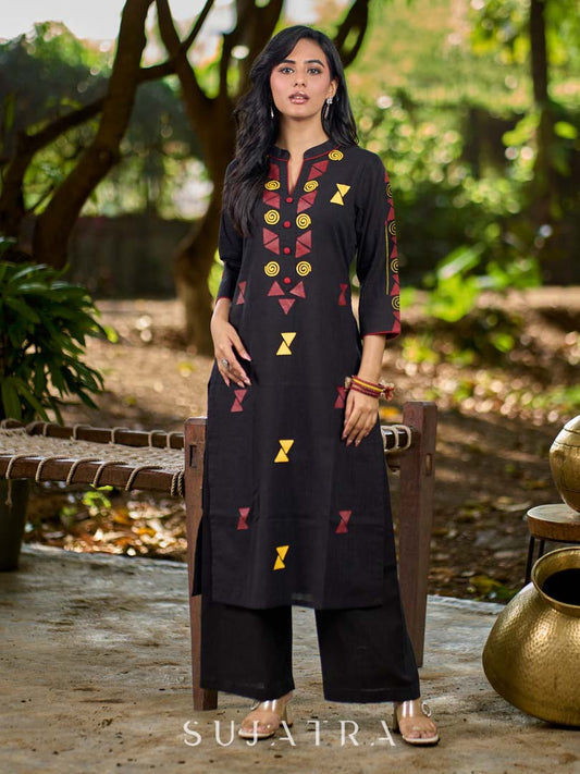 Elegant Black Cotton Kurta with Intricate Geometric Hand Block Print
