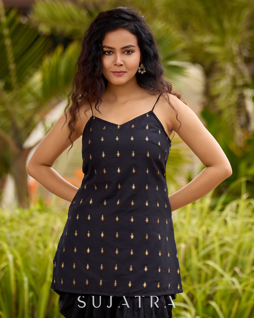 Graceful Black Silk Strappy Short Kurta Ensemble with Golden Butta - Dhoti pant Additional
