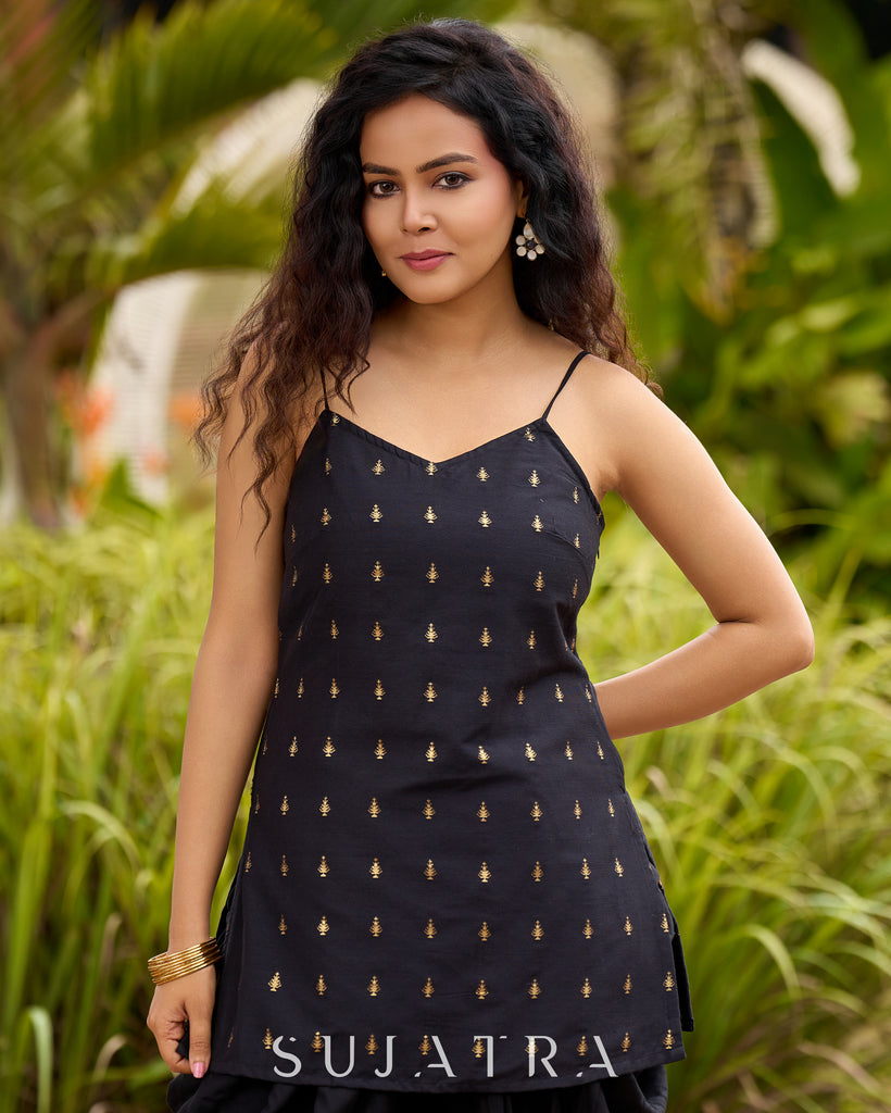 Graceful Black Silk Strappy Short Kurta Ensemble with Golden Butta - Dhoti pant Additional