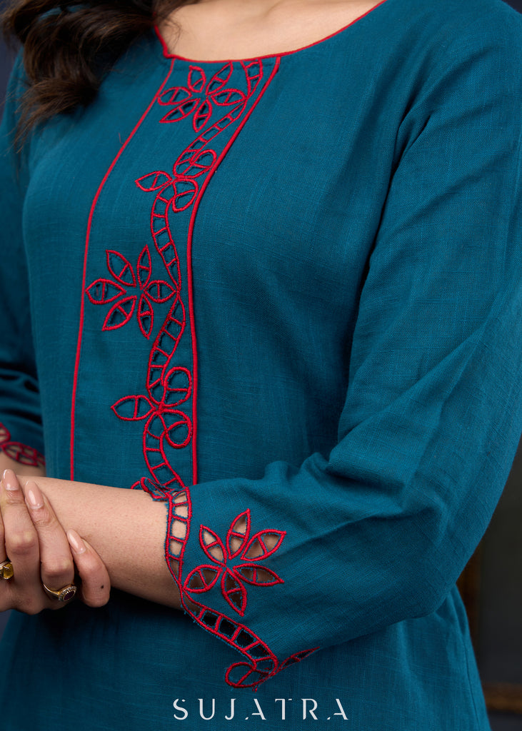 Teal Trendy Tunic With Intricate Cut Work - Pant Optional