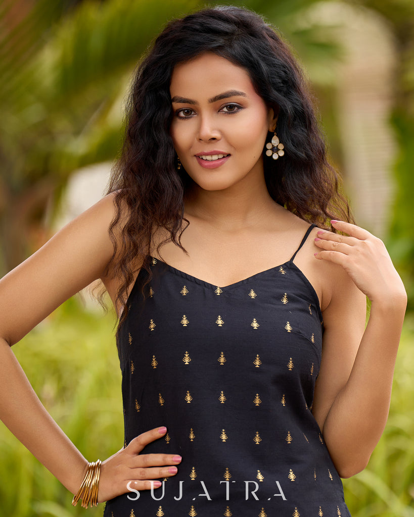 Graceful Black Silk Strappy Short Kurta Ensemble with Golden Butta - Dhoti pant Additional
