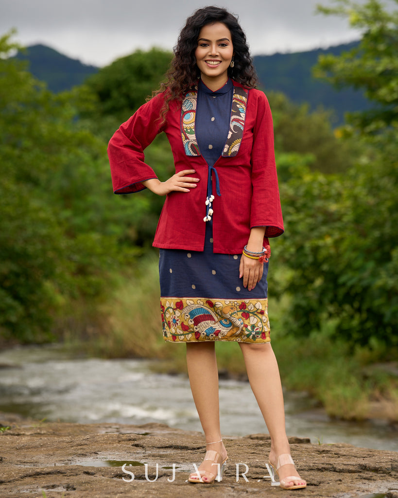 Jamdani design Blue Halter Dress with Hand-Painted Kalamkari Border - Kalamkari Jacket Additional