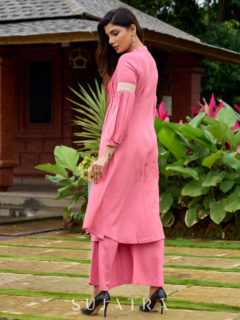 Elegant Baby pink rayon kurta delicately highlighted with lace detailing-pant optional