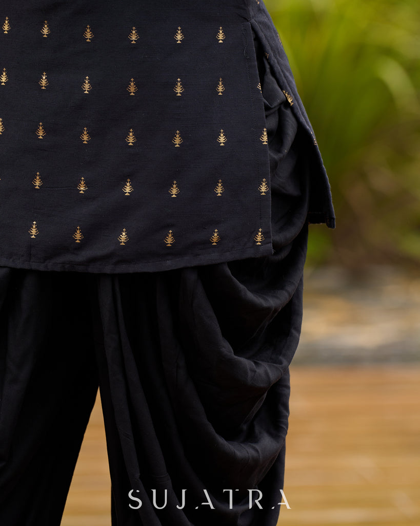 Graceful Black Silk Strappy Short Kurta Ensemble with Golden Butta - Dhoti pant Additional