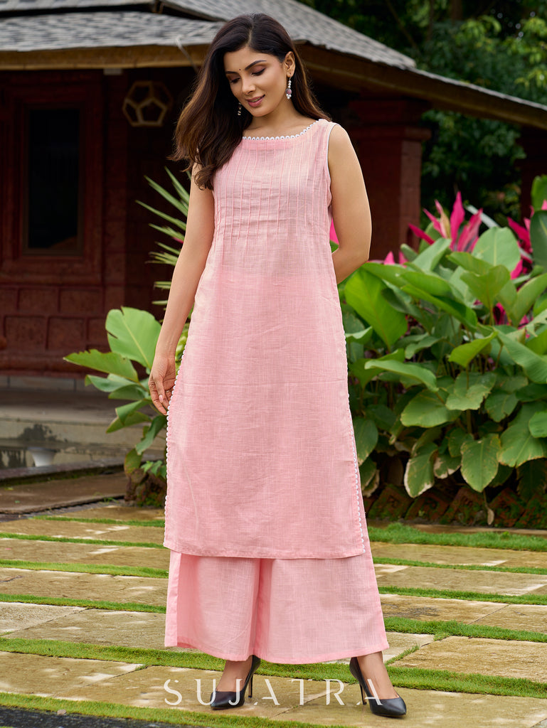 Baby pink kurta with fine stitch detailing Duppata & Pant optional