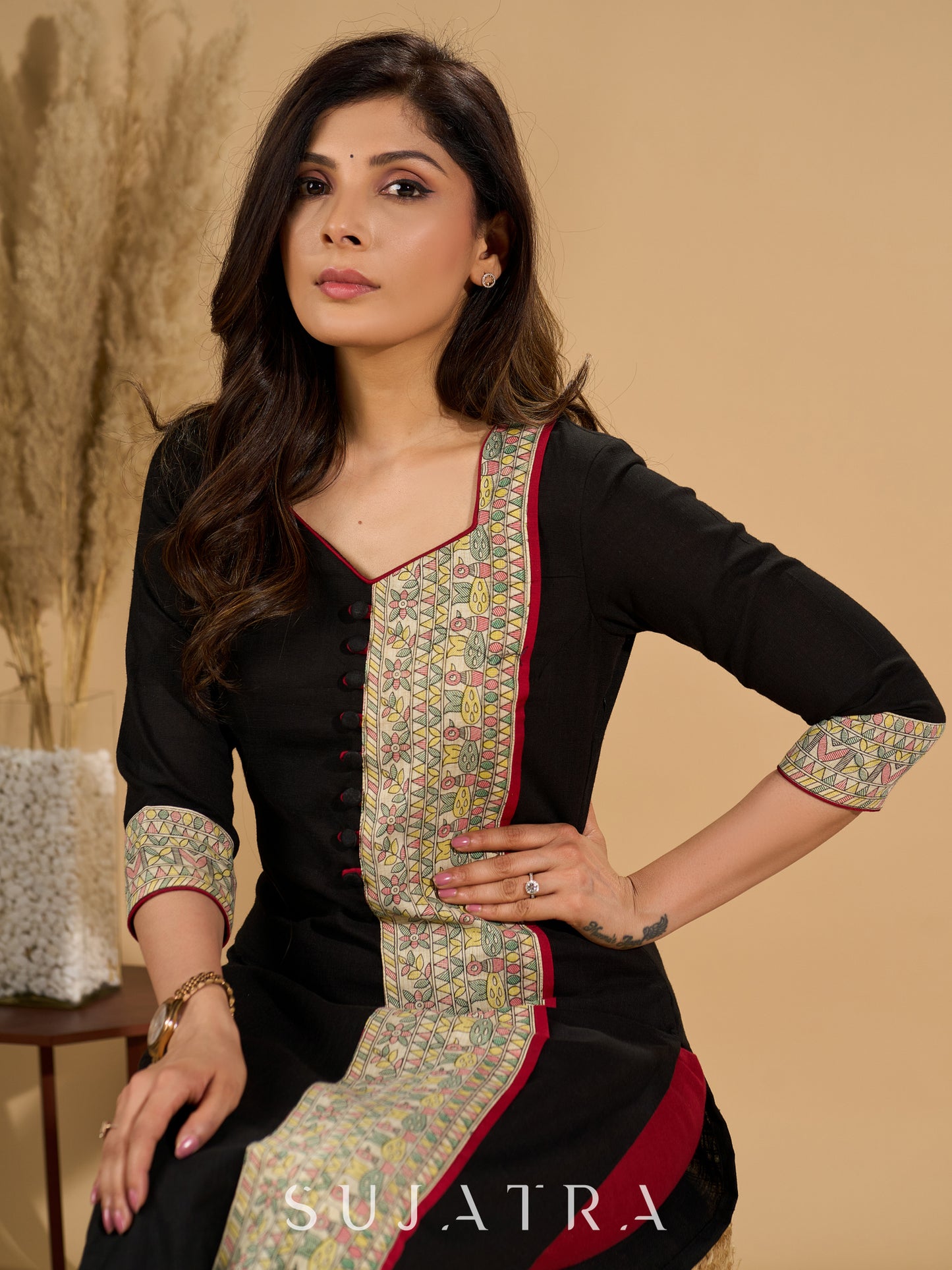 Ebon Elegance Kurta with Maroon Lining and Madhubani Charm