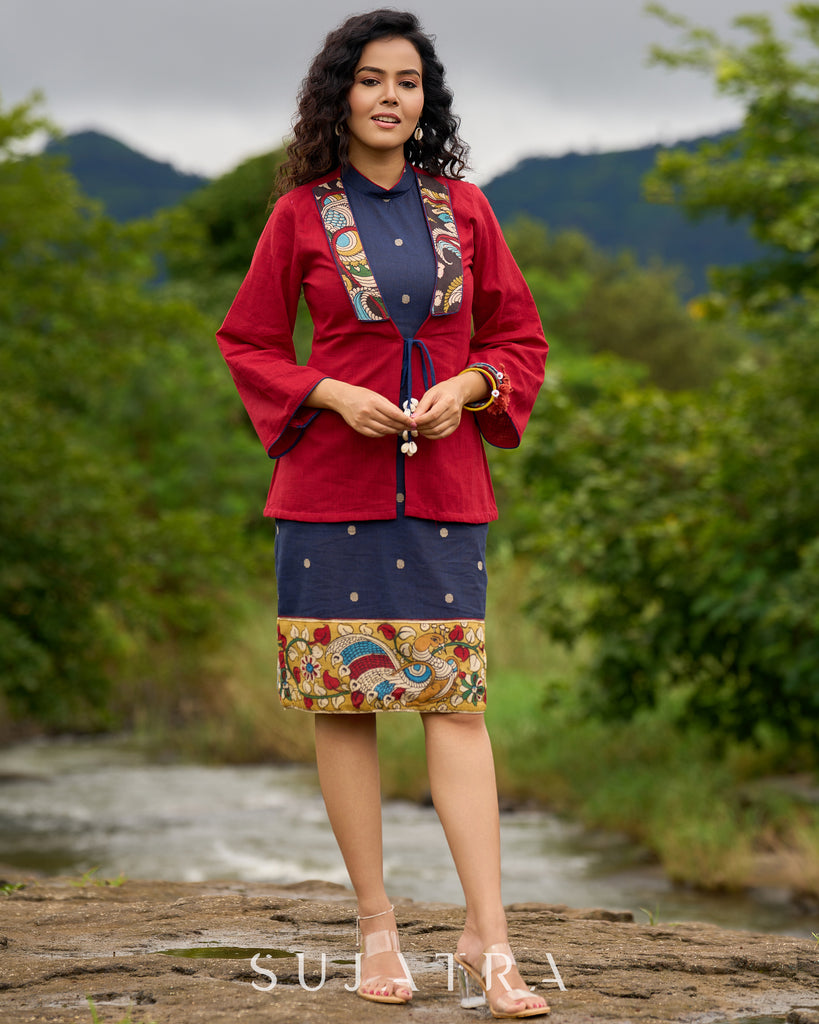 Jamdani design Blue Halter Dress with Hand-Painted Kalamkari Border - Kalamkari Jacket Additional