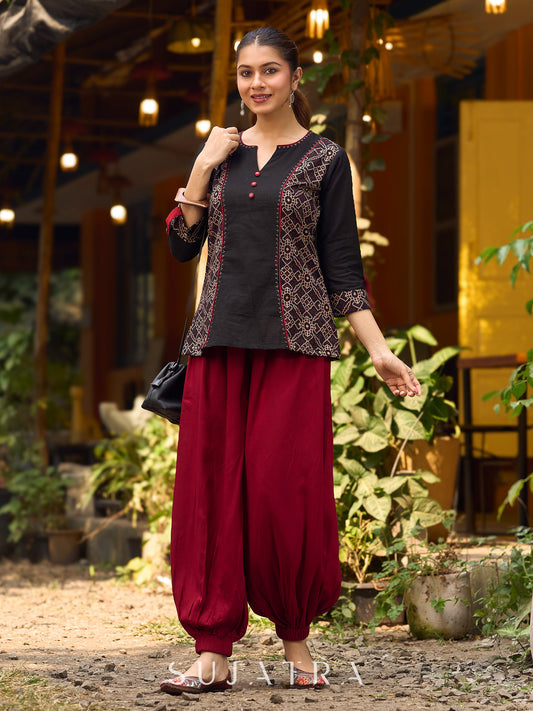 Chic Black Cotton Top Adorned With Geometric Ajrakh Panels And Artistic Hand Painted Highlights