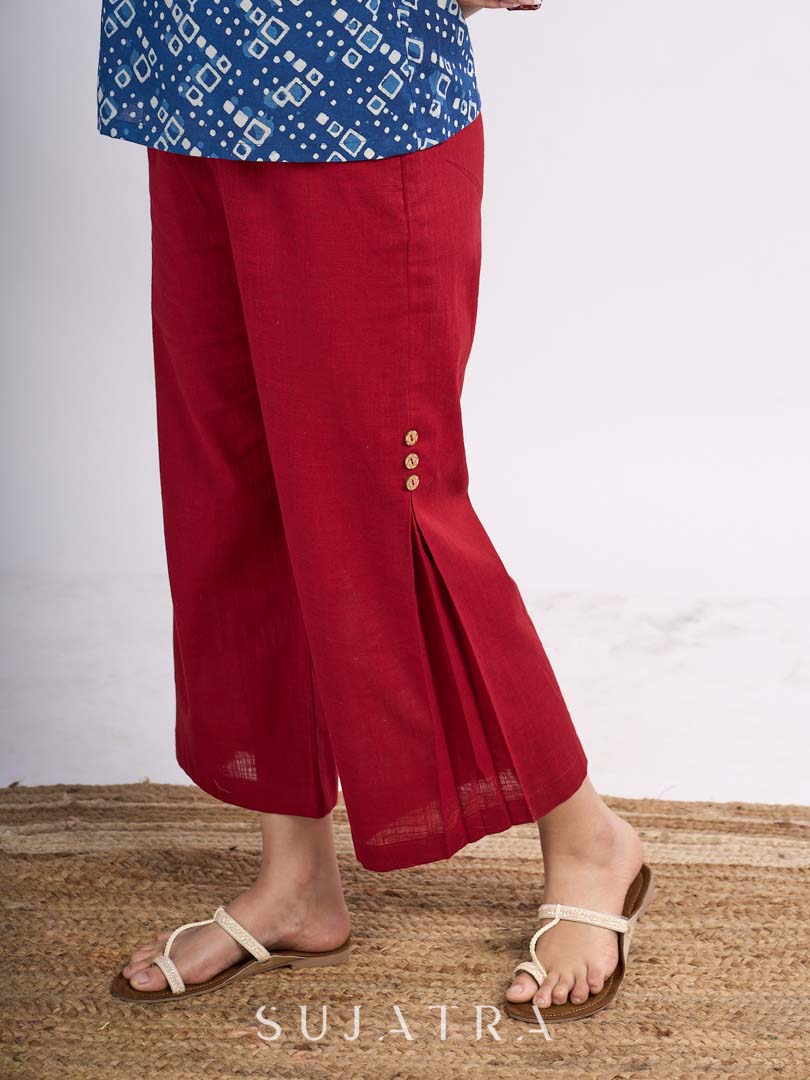 Maroon Cotton Contemporary Side Pleat Bottoms