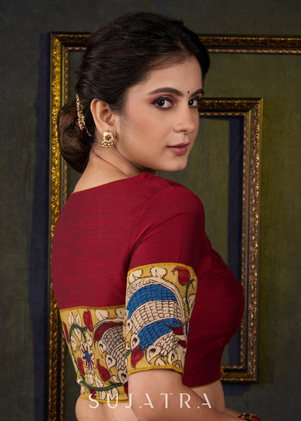 Maroon - Rangoli Kalamkari Block Printed Cotton Blouse Piece