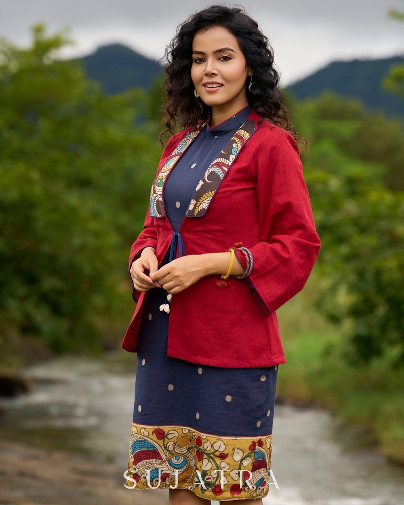 Jamdani design Blue Halter Dress with Hand-Painted Kalamkari Border - Kalamkari Jacket Additional