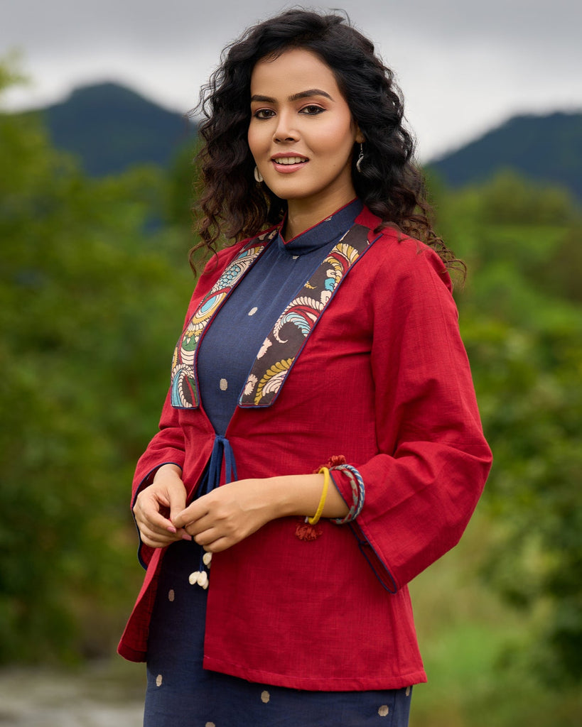 Radiant Maroon Cotton Boho Jacket with Kalamkari Border & Shell Embellishments