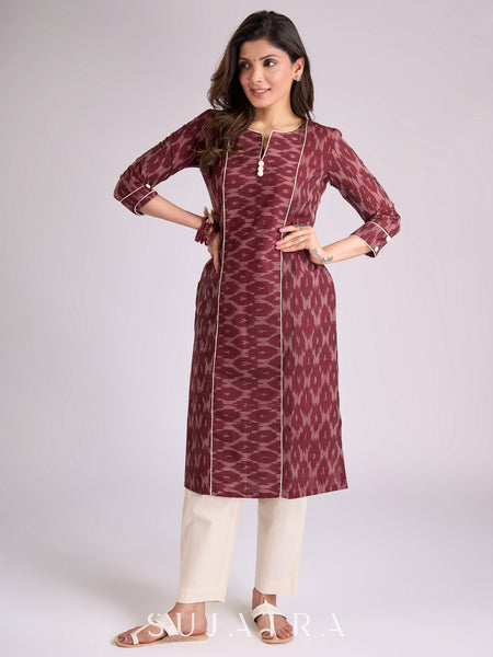 Sophisticated Maroon Ikat Cotton Kurta with Contrasting White Piping Accents