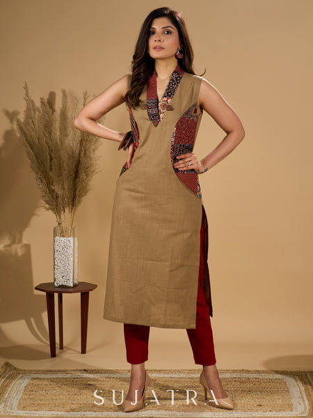 Earthy Ecru Kurta with Ajrakh Patchwork and Wooden Buttons