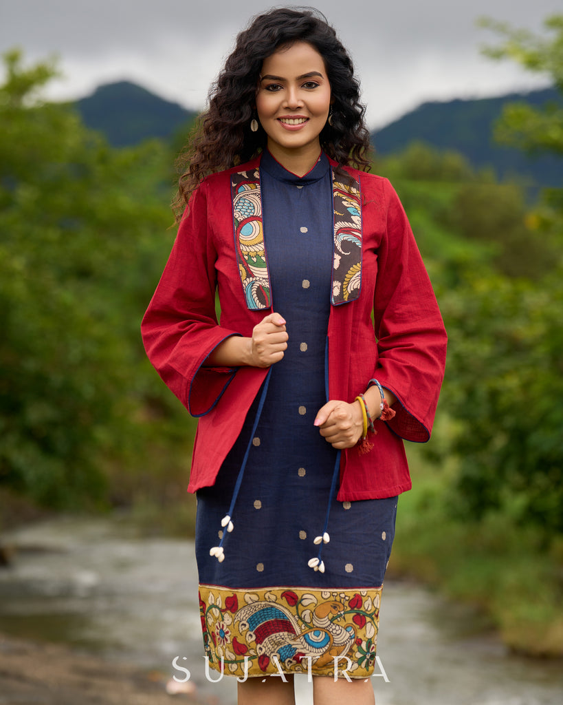 Jamdani design Blue Halter Dress with Hand-Painted Kalamkari Border - Kalamkari Jacket Additional