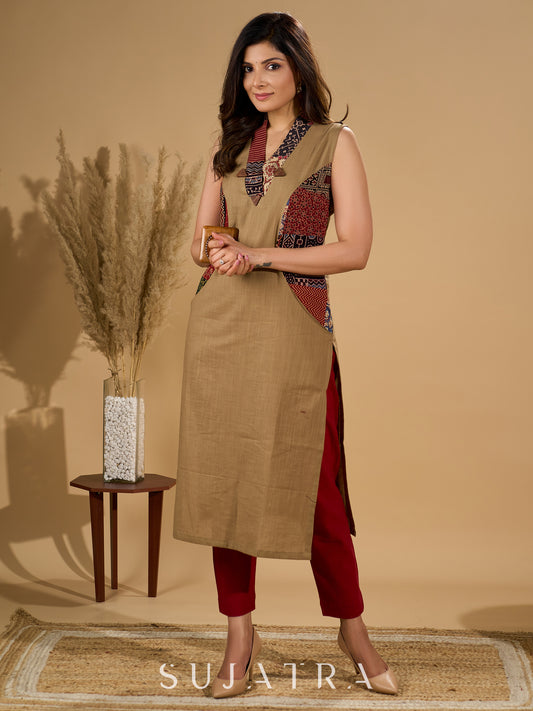 Earthy Ecru Kurta with Ajrakh Patchwork and Wooden Buttons