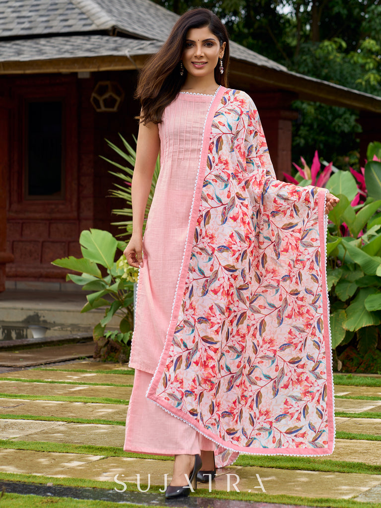 Baby pink kurta with fine stitch detailing Duppata & Pant optional