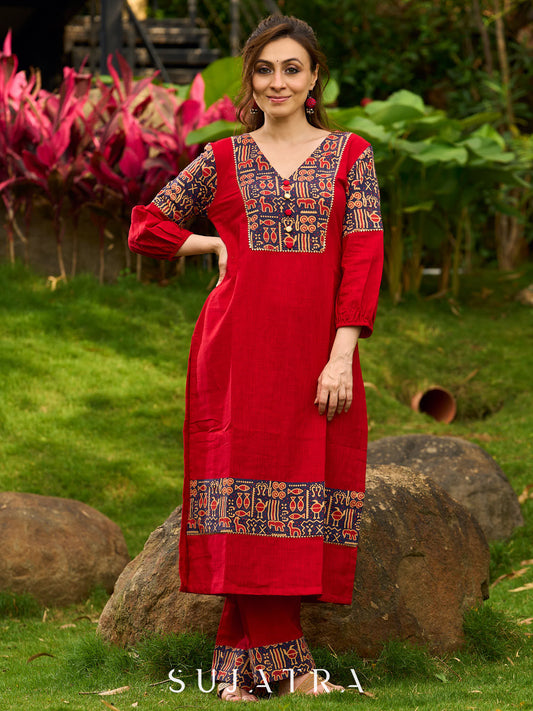 Red Cotton Kurta with Traditional Fish Print Motifs and Gold Accents