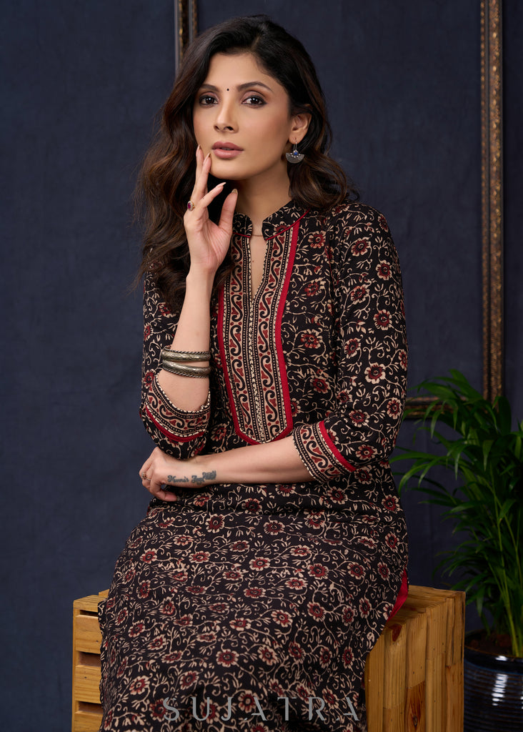 Trendy-Floral-Black-Cotton-Ajrakh-Straight-Cut-Combination-Kurta--Pant-Optional