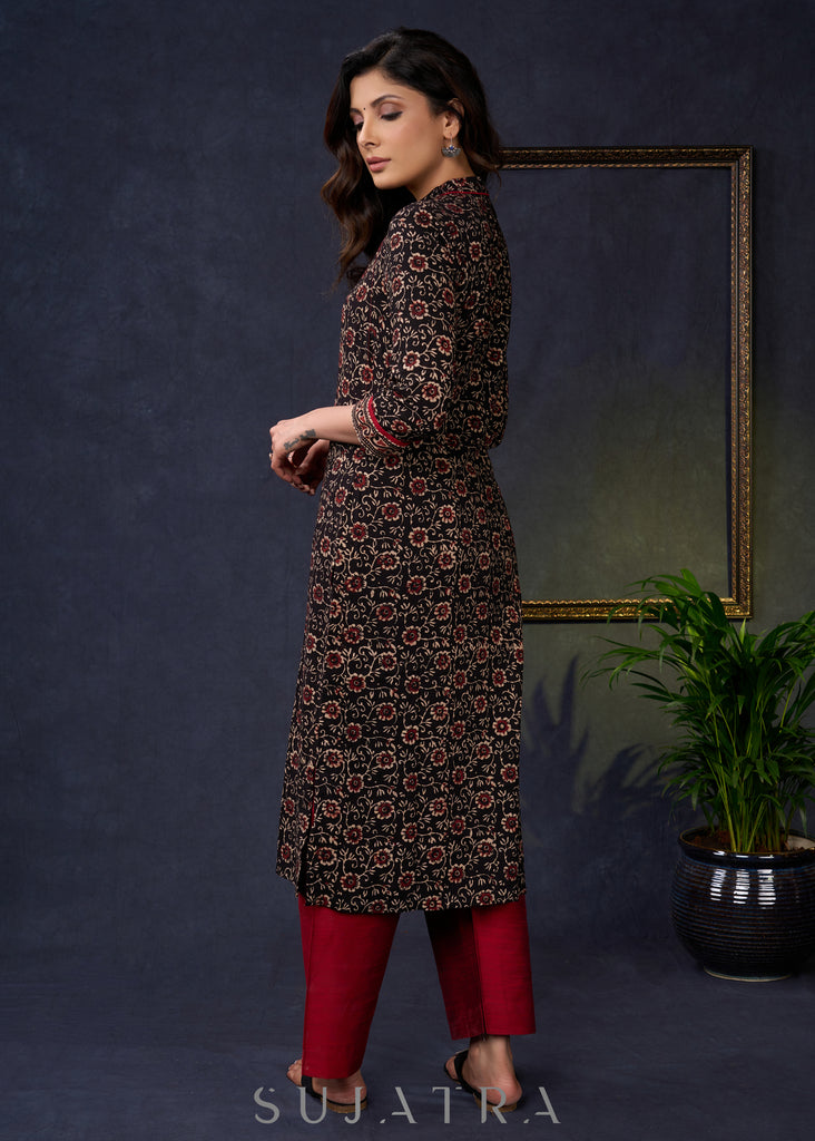 Trendy-Floral-Black-Cotton-Ajrakh-Straight-Cut-Combination-Kurta--Pant-Optional
