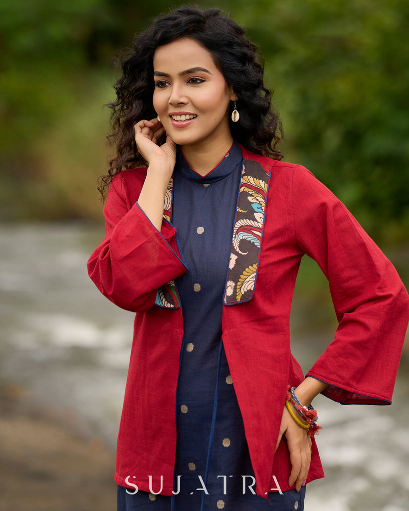 Jamdani design Blue Halter Dress with Hand-Painted Kalamkari Border - Kalamkari Jacket Additional
