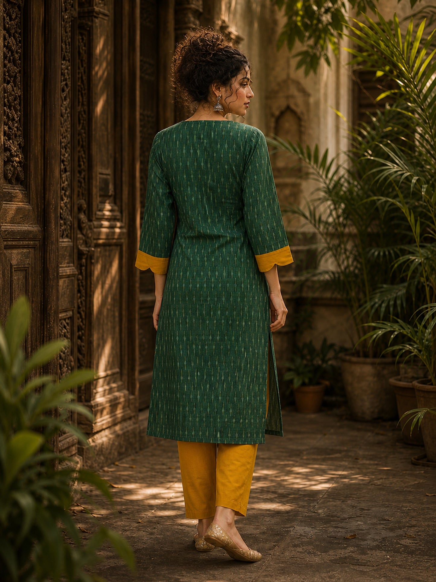 Classic Green Ikat Cotton Straight Kurta with Contrast Mustard V-Neckline & Scalloped Cuff Band