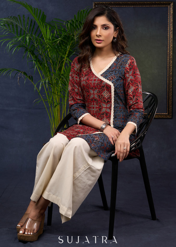 Beautiful Ajrakh Combination Tunic With Lace Highlights In Modern Silhouette, -Pant Optional
