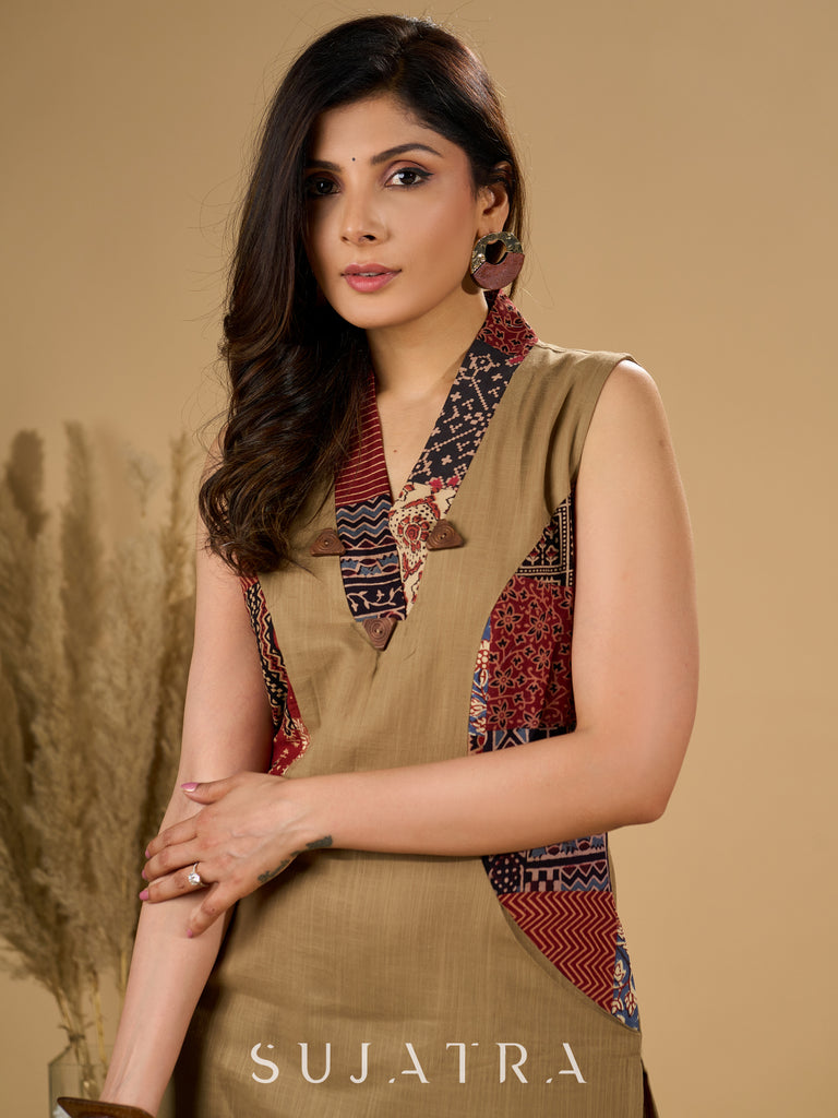 Earthy Ecru Kurta with Ajrakh Patchwork and Wooden Buttons