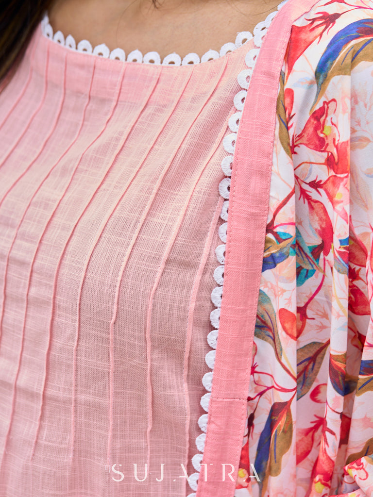 Baby pink kurta with fine stitch detailing Duppata & Pant optional