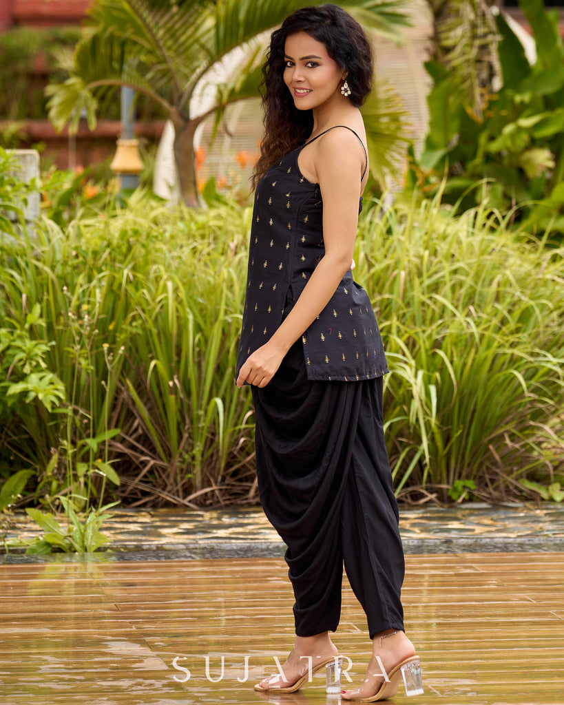 Graceful Black Silk Strappy Short Kurta Ensemble with Golden Butta - Dhoti pant Additional