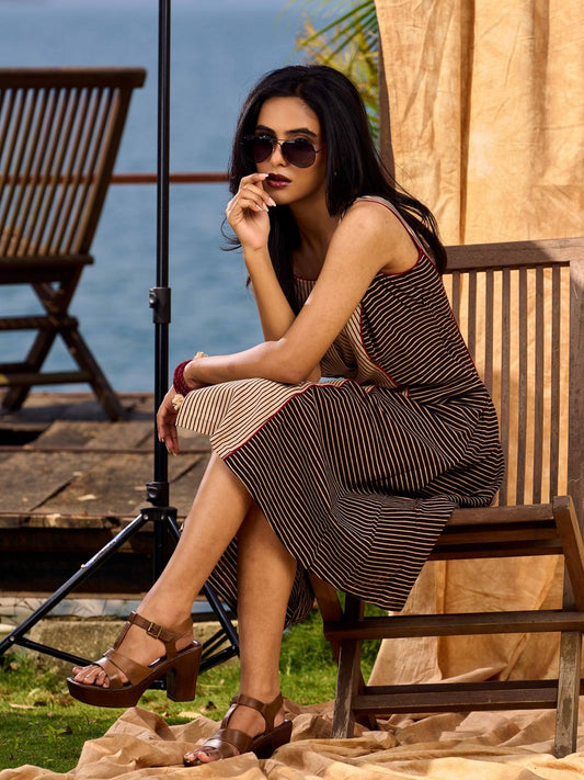 Black & Beige Ajrakh Cotton Dress with Structured Panel Design