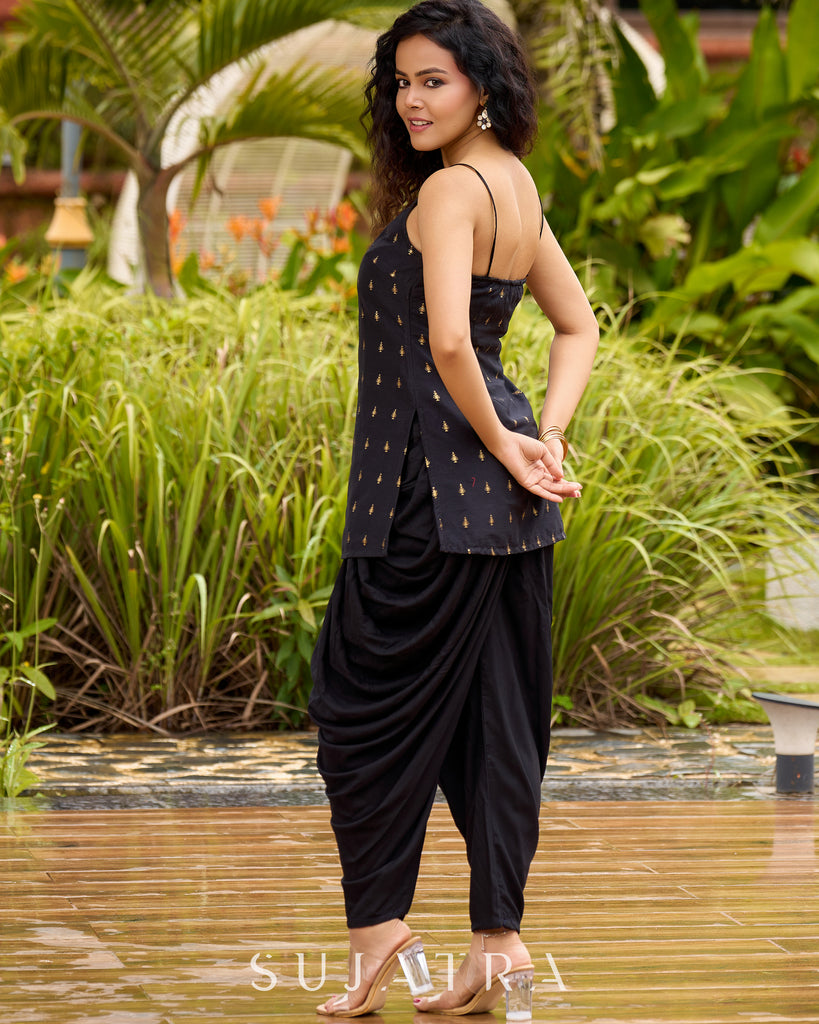 Graceful Black Silk Strappy Short Kurta Ensemble with Golden Butta - Dhoti pant Additional