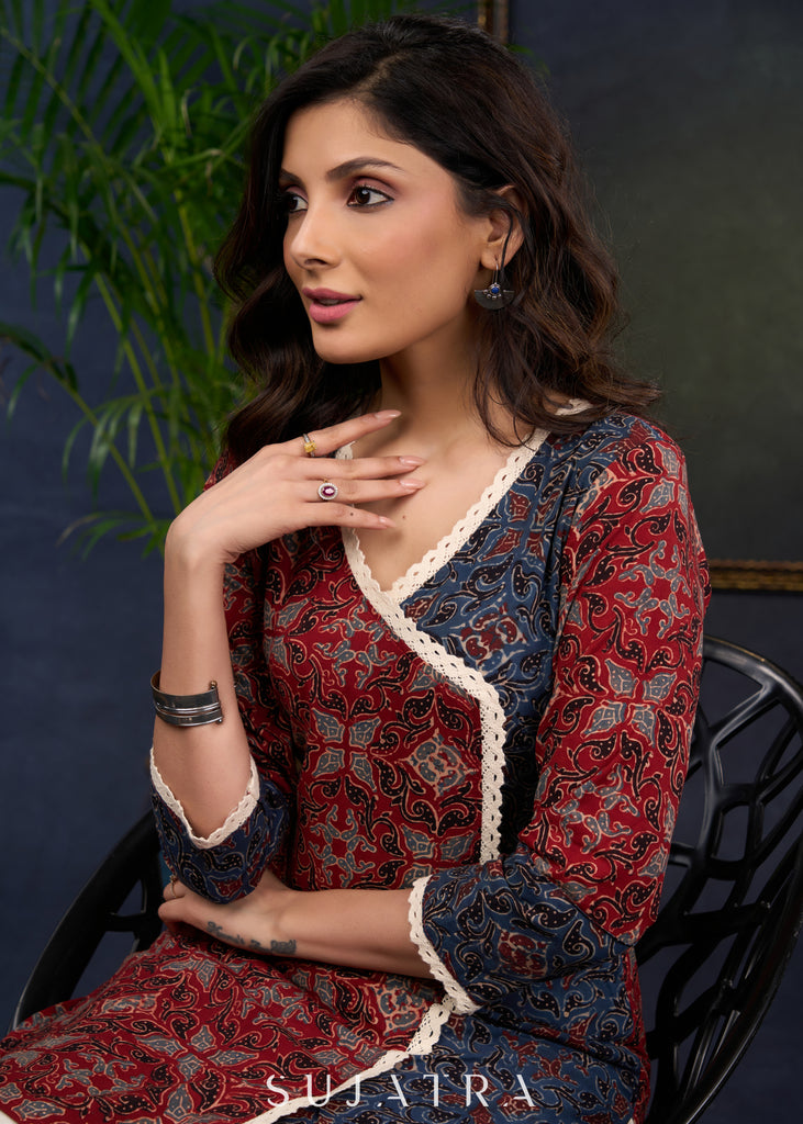 Beautiful Ajrakh Combination Tunic With Lace Highlights In Modern Silhouette, -Pant Optional