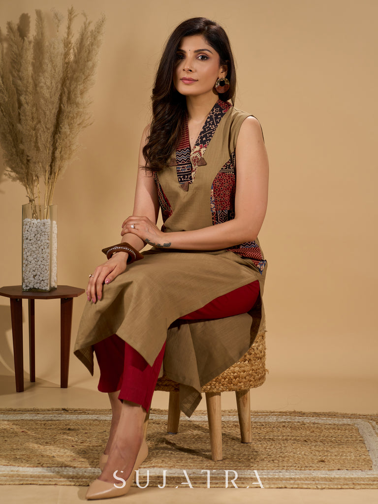 Earthy Ecru Kurta with Ajrakh Patchwork and Wooden Buttons