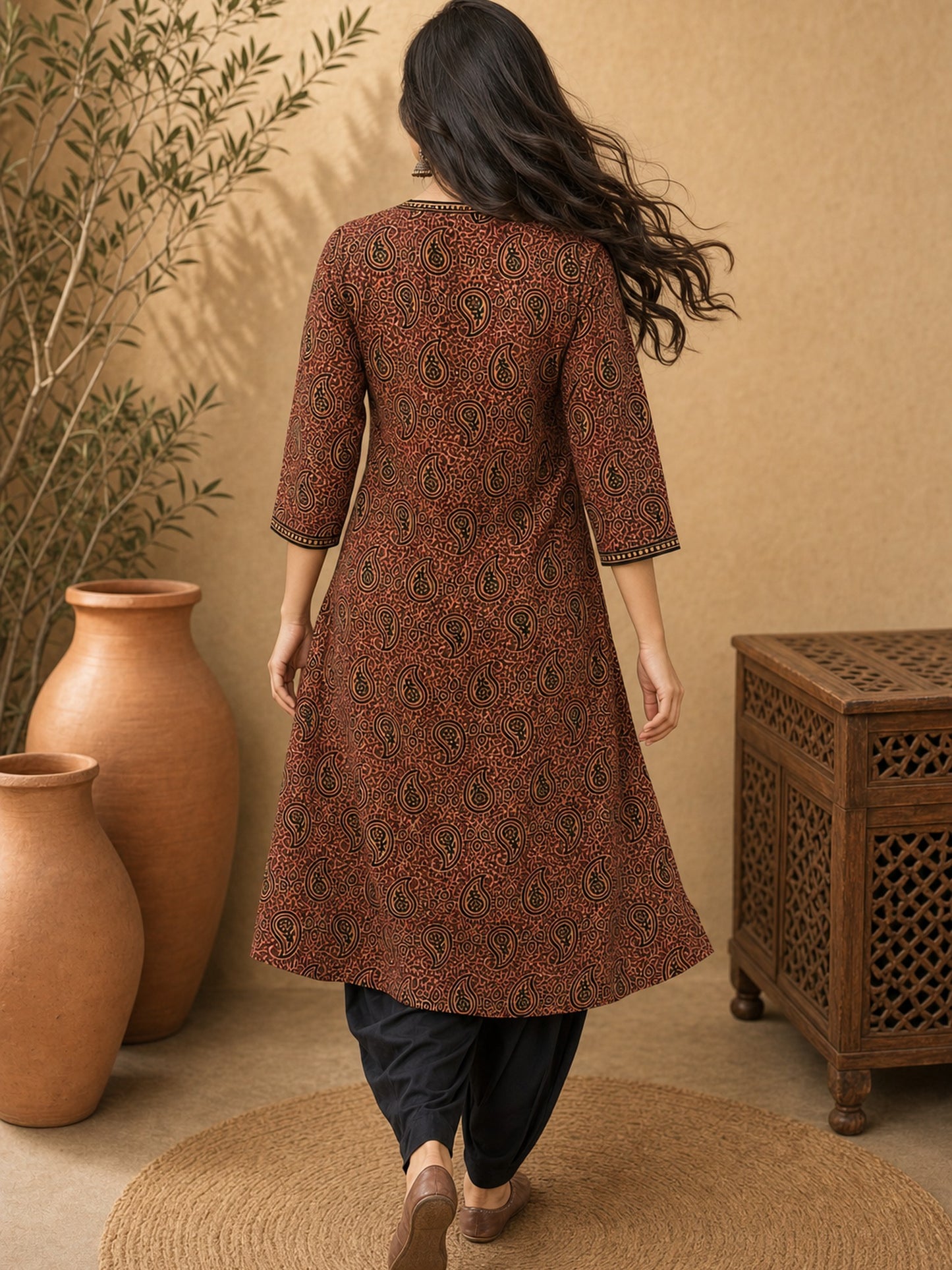 Elegant Deep Maroon Ajrakh Printed A-line Cotton Kurta