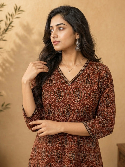 Elegant Deep Maroon Ajrakh Printed A-line Cotton Kurta