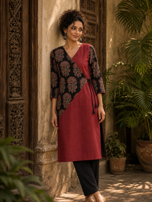 Striking Maroon Cotton Kurta with Contrasting Ajrakh Floral Print Wrap Panel