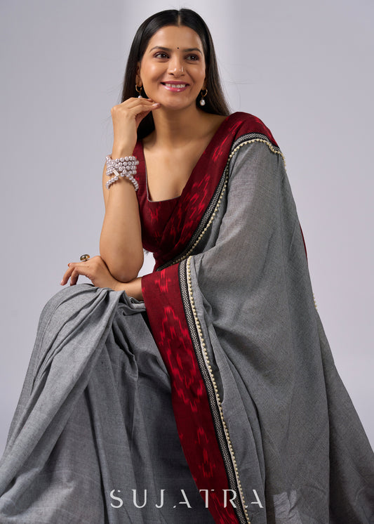 Elegant grey cotton saree with maroon Ikat borders